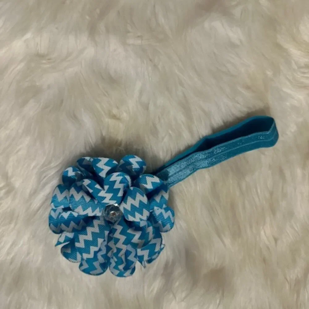 Aqua Chevron Ribbon Flower with Rhinestone on FOE Headband  7485  Handmade NWT